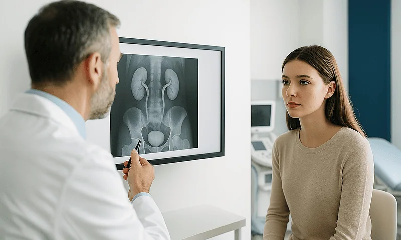 Urologist explaining kidney scan to young female patient in clinic.