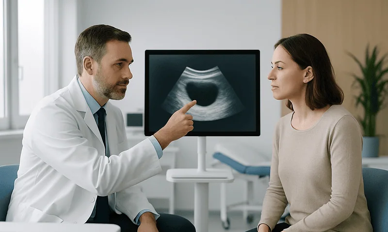 Urologist explaining ultrasound scan to female patient in clinic.