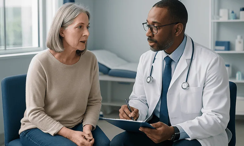 Doctor consulting with an older female patient in a medical office.