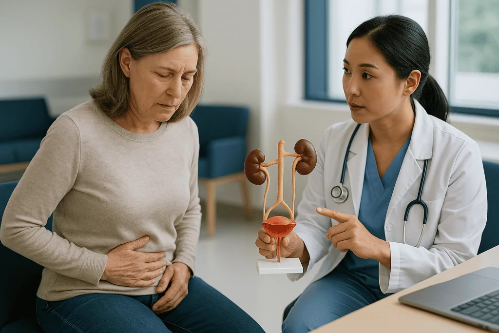 Doctor explaining urinary tract anatomy model to patient: Complicated vs uncomplicated UTI: what is actually happening insid