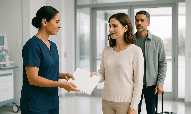 Patient receiving guidance from healthcare professional at hospital.