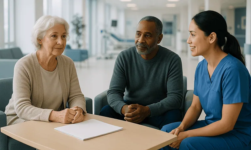 Medical consultation with elderly patient and healthcare professional in hospital.
