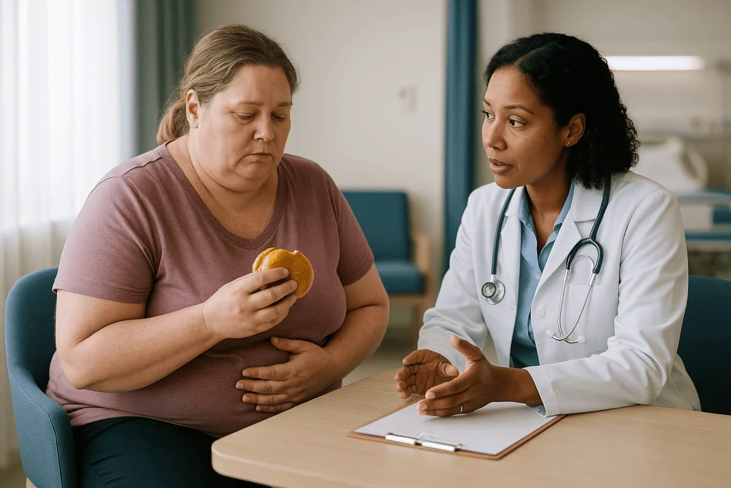 Doctor consulting with overweight patient about dietary choices: Complications that lead to revisional bariatric surgery