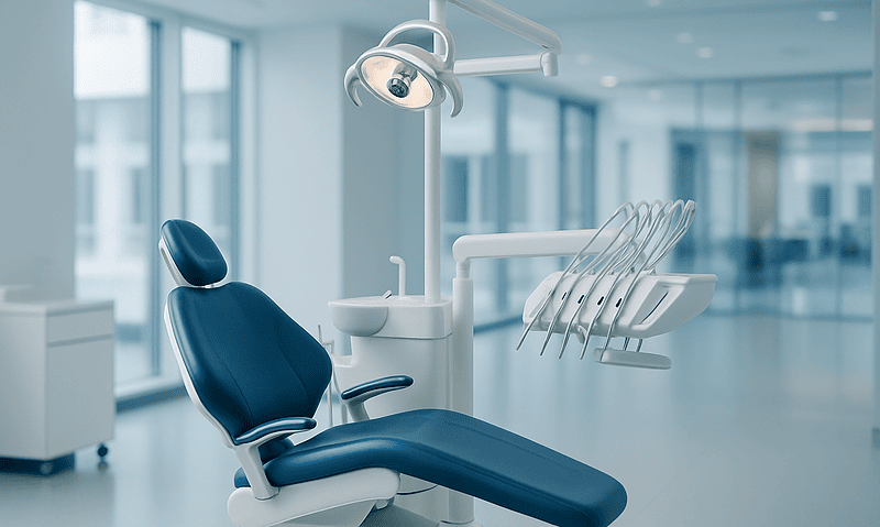 Modern dental clinic with dental chair and equipment in a bright, clean environment.