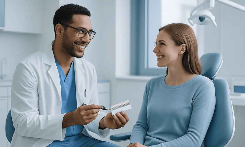 Dentist explaining dental options to a patient in a clinic setting.