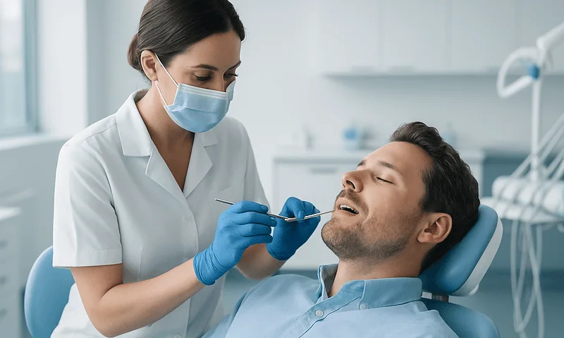 Dentist performing a dental procedure on a patient in a clinical setting.