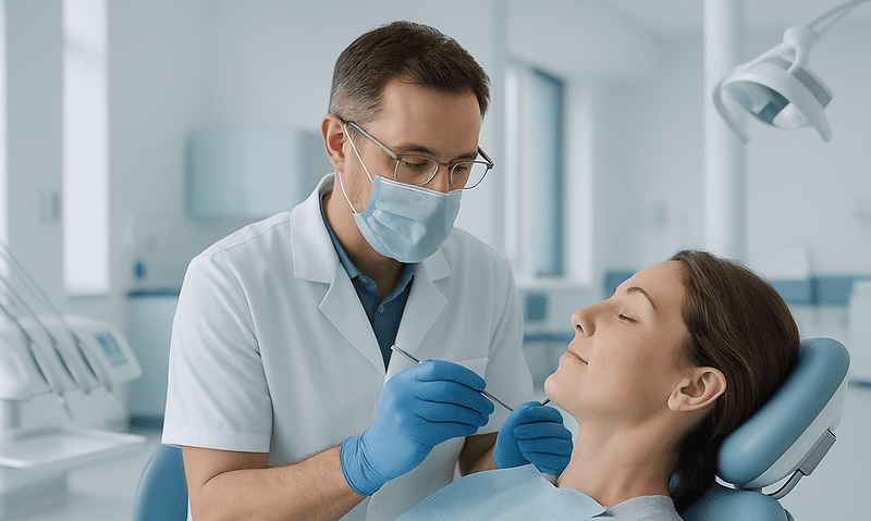 Dentist performing a dental procedure on a patient in a clinic setting.