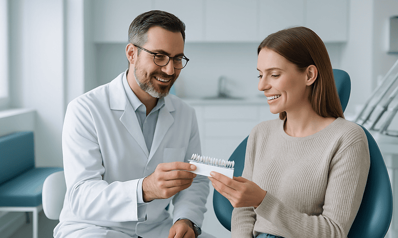 Composite Bonding: What It Fixes, How It Is Done and Who It Suits 4 Dentist showing dental shade guide to patient in clinic.