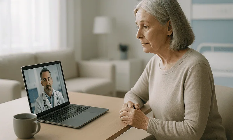 Elderly woman consulting with doctor via video call at home.