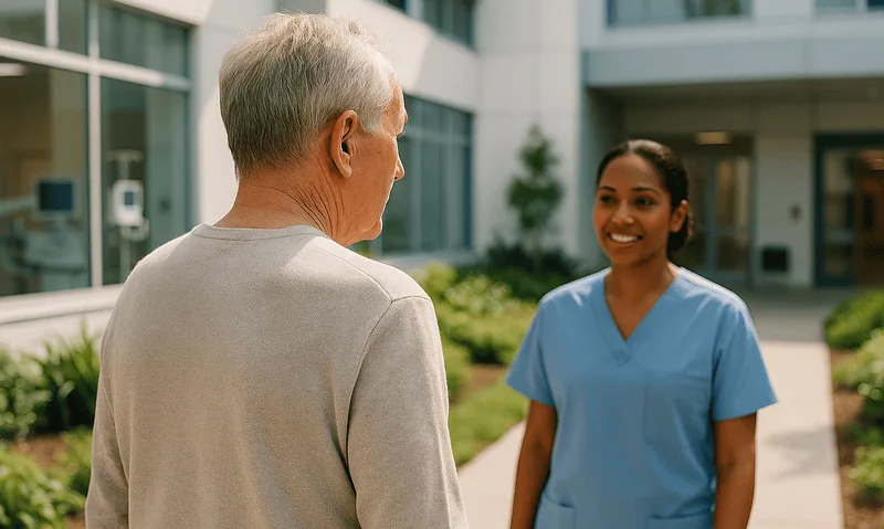 Healthcare professional talking to an elderly patient outside the hospital.