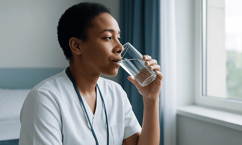 Healthcare professional drinking water in a hospital room.