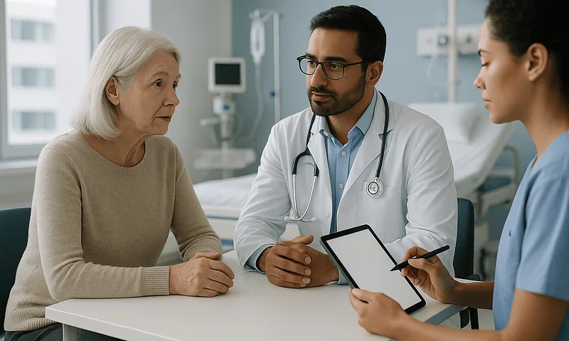 Doctor consulting with elderly patient and nurse in hospital room.