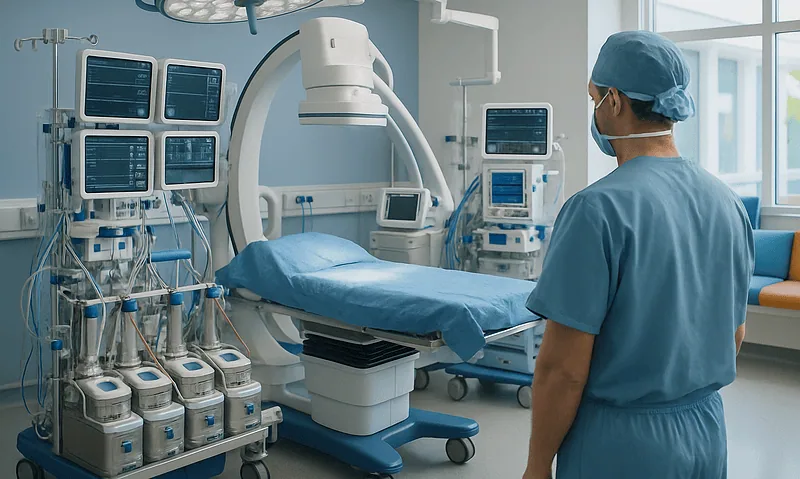 Medical professional in operating room with advanced surgical equipment.
