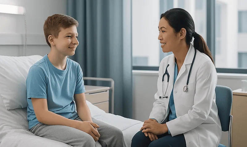 Pediatric doctor consulting with a young patient in hospital room.