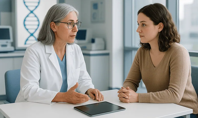 Doctor discussing congenital disease with a patient in a modern hospital setting.