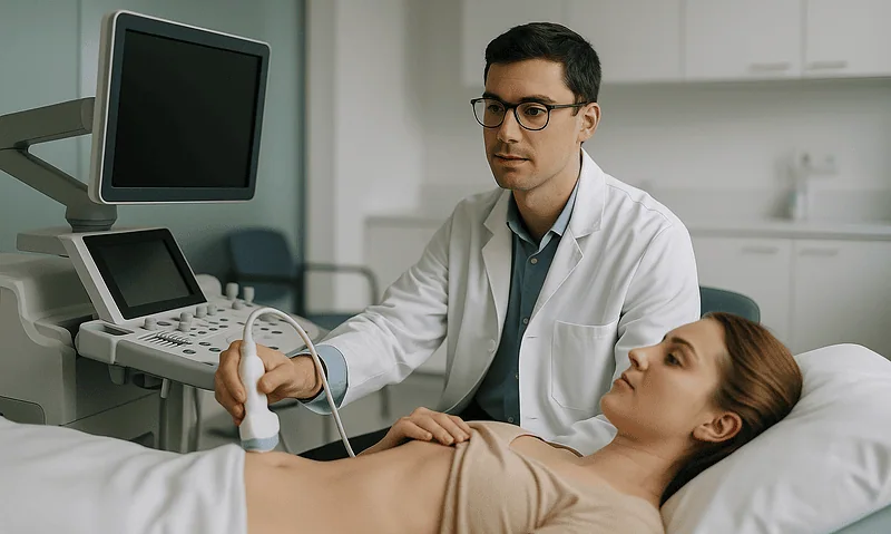 Doctor performing an ultrasound on a patient in a hospital room.