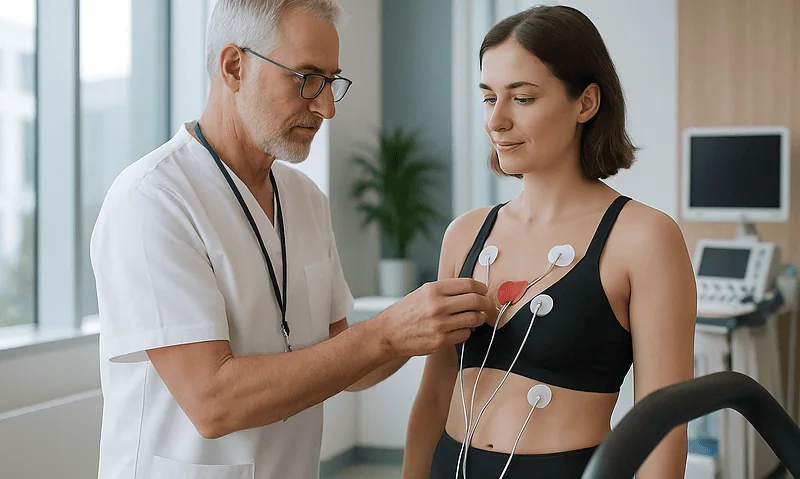 Doctor performing an ECG test on a young woman patient in a hospital.