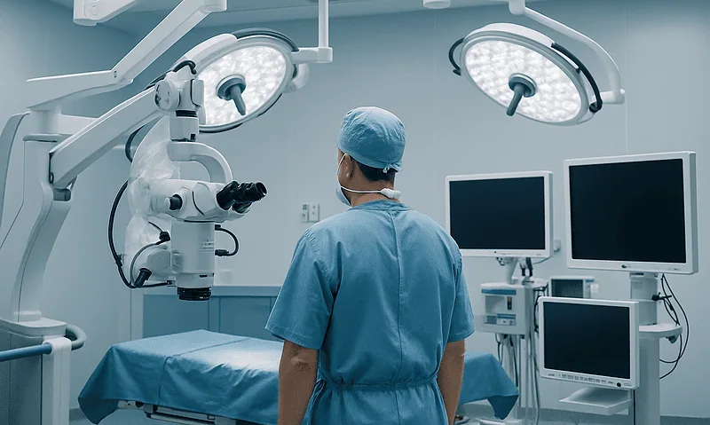 Surgeon preparing for brain surgery in a modern operating room.