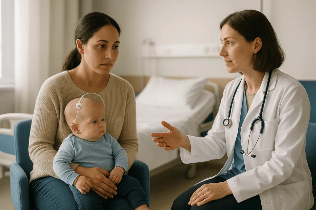 Pediatrician consulting with mother holding infant: Congenital hydrocephalus treatment options at a glance