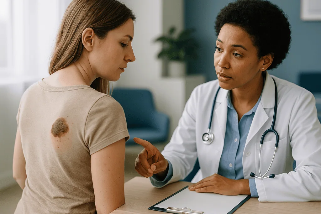 Doctor examining patient's skin lesion on back: Congenital melanocytic nevus melanoma risk: what the evidence actually shows