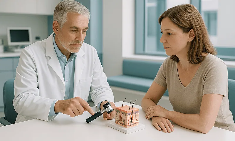 Doctor explaining skin condition to patient with skin model in clinic.