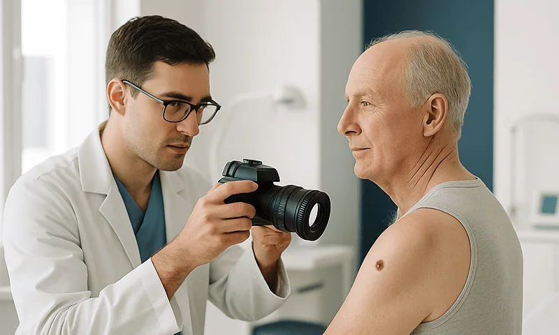 Dermatologist examines patient's skin for congenital nevi treatment options.