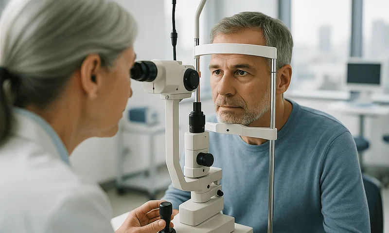 Ophthalmologist examining patient's eye with slit lamp in clinic.