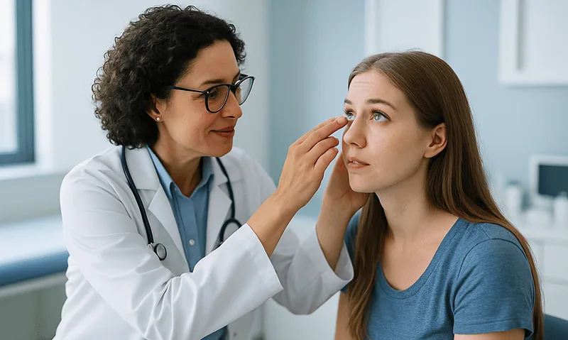 Doctor examining young woman's eye in a clinical setting.