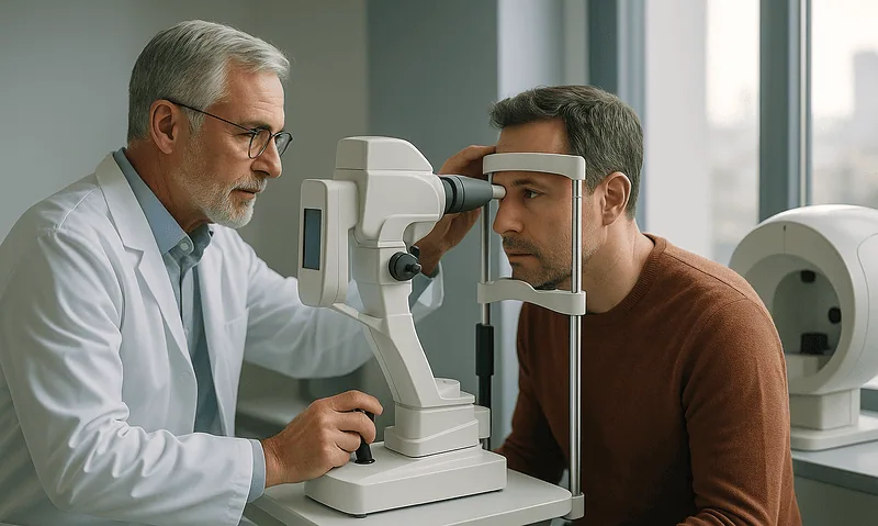 Ophthalmologist examining patient's eye with slit lamp at Acibadem Hospital.
