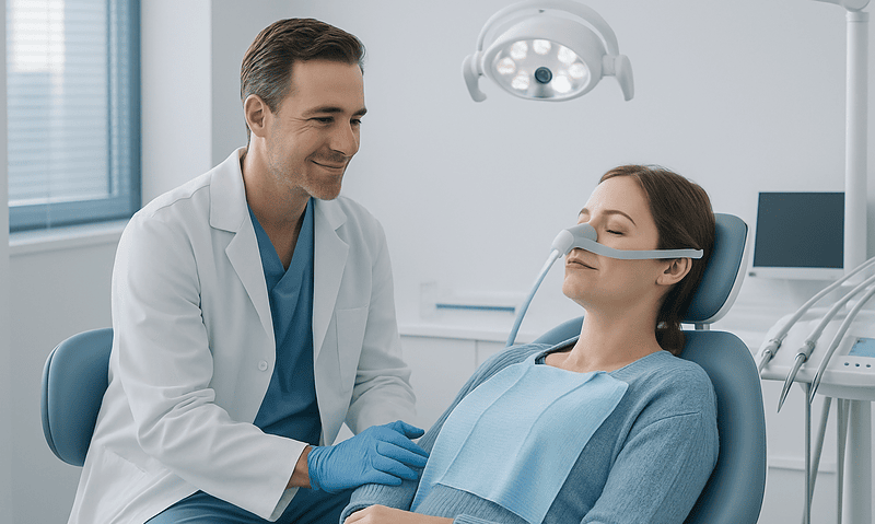 Dentist with patient in dental clinic, preparing for sedation.