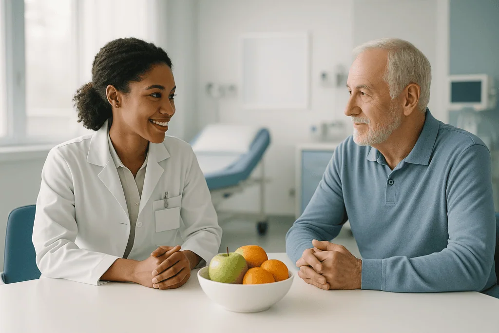 Constipation After Surgery in Turkey: Prevention and Relief 1 Doctor consulting elderly patient in a medical office with fruit bowl.