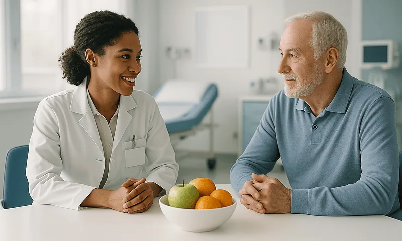 Doctor consulting elderly patient in a medical office with fruit bowl.