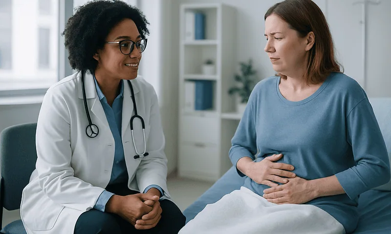 Doctor consulting with patient about post-surgery constipation.