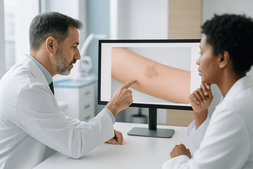 Contact Dermatitis 1 Doctor explaining contact dermatitis on patient's arm in a medical consultation.