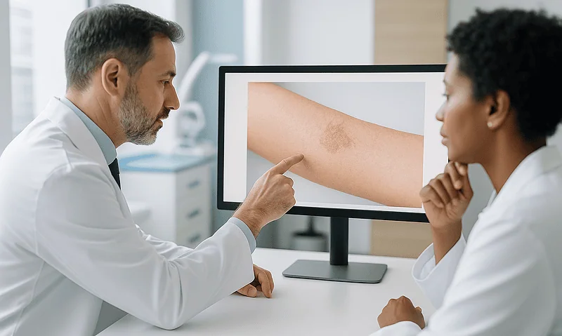 Doctor explaining contact dermatitis on patient's arm in a medical consultation.