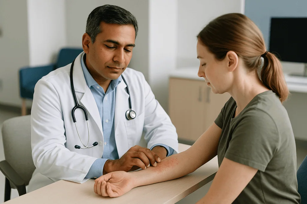 Doctor examining patient's arm during consultation: Contact dermatitis healing stages: the first week after removal