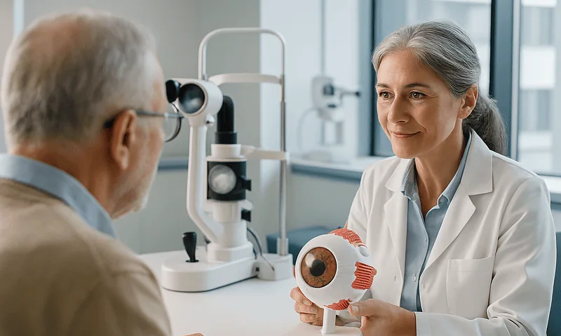 Ophthalmologist explaining eye health to an elderly patient in a clinic.