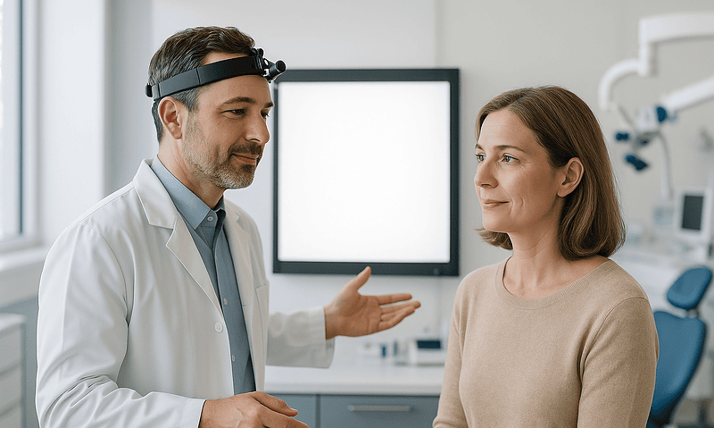 Ophthalmologist consulting with a patient in a modern clinic.