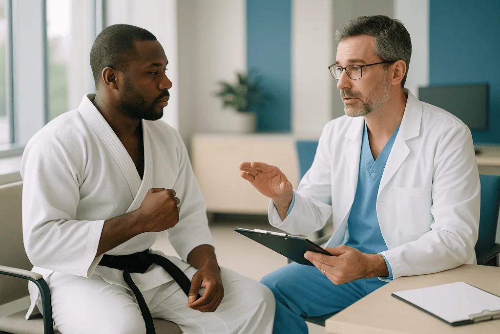 Doctor consulting with patient in clinic setting: Contact sports, martial arts and jobs where the flap matters