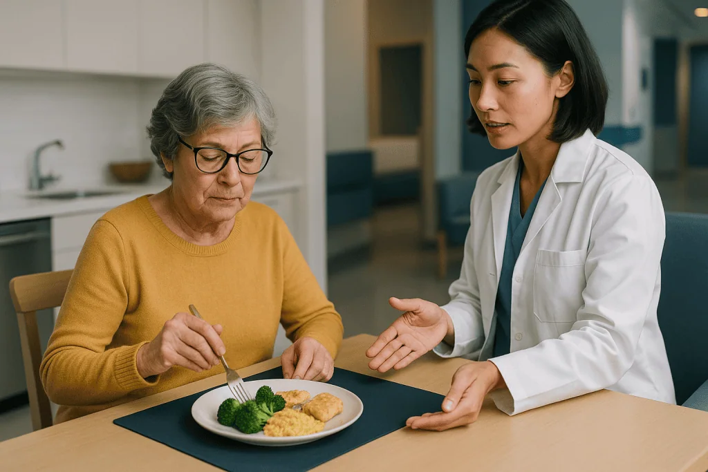 Healthcare provider discussing nutrition with elderly patient: Contrast strategies for the kitchen and table