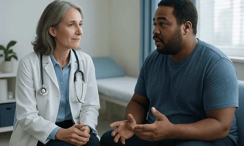 Blog 4 Doctor consulting with a patient about seizures in a medical office.
