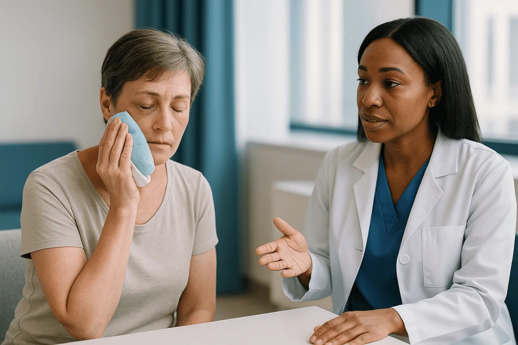 Doctor consulting patient about facial concern with ice pack: Cool compress after laser: how, when and why cold helps