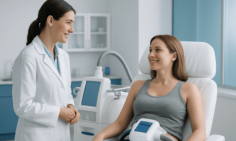 Medical professional explaining CoolSculpting to a patient in a clinic.