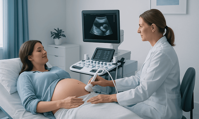 Doctor performing ultrasound on pregnant woman in a clinical setting.