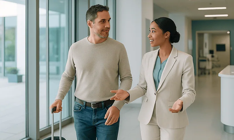 Patient and healthcare professional having a friendly conversation at hospital.