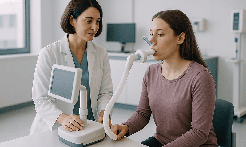 Pulmonary function test being performed on a patient in a hospital setting.