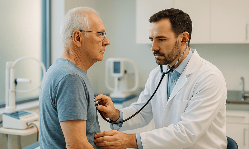 Doctor examining elderly patient with stethoscope in hospital setting.