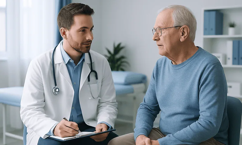 Doctor consulting with elderly patient in a medical office.