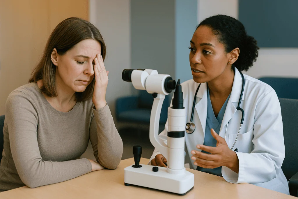 Doctor consulting patient at slit lamp examination: Cornea, pupil and front-of-eye factors: astigmatism, dry eye and prior l