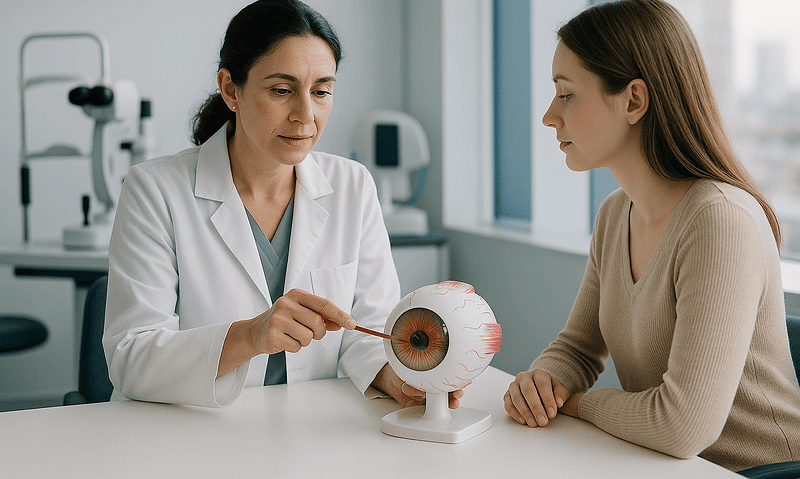 Ophthalmologist explains eye anatomy to patient during consultation.